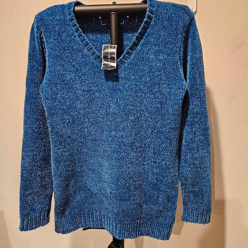 Karen Scott NWT Women's Turquoise Chenille Knit V-Neck Sweater XS - Picture 2 of 7